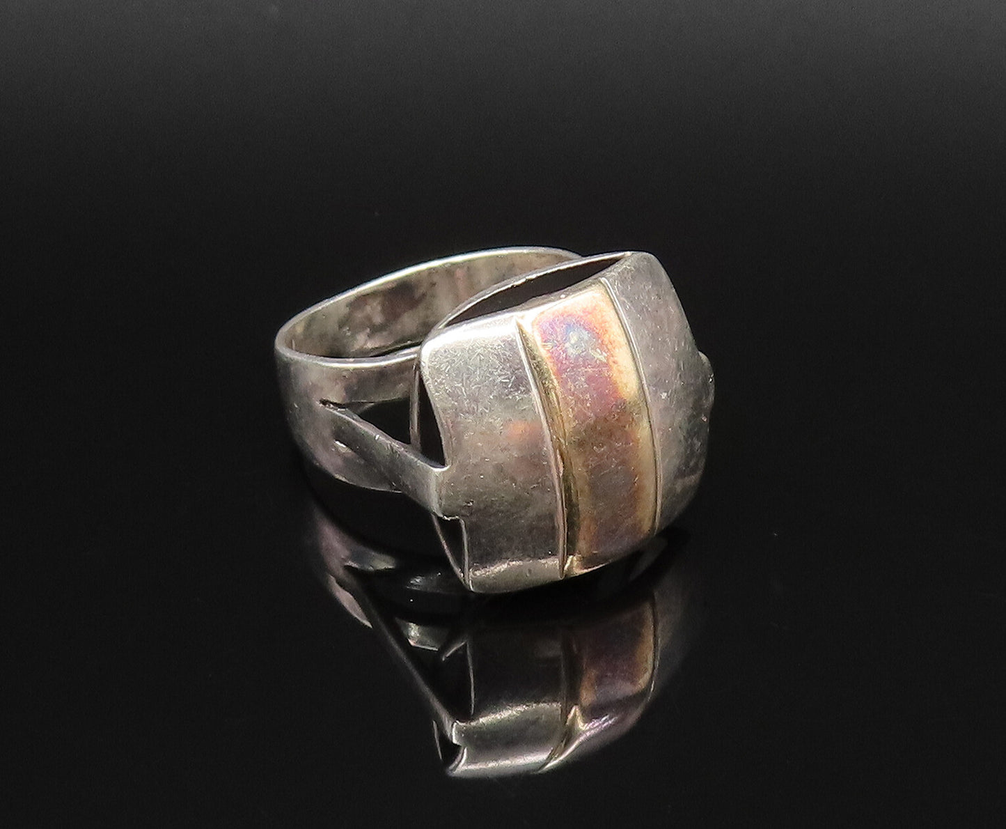 14K GOLD & 925 Silver  Vintage Two Tone 3D Squared Frame Ring Sz 8  RG25683