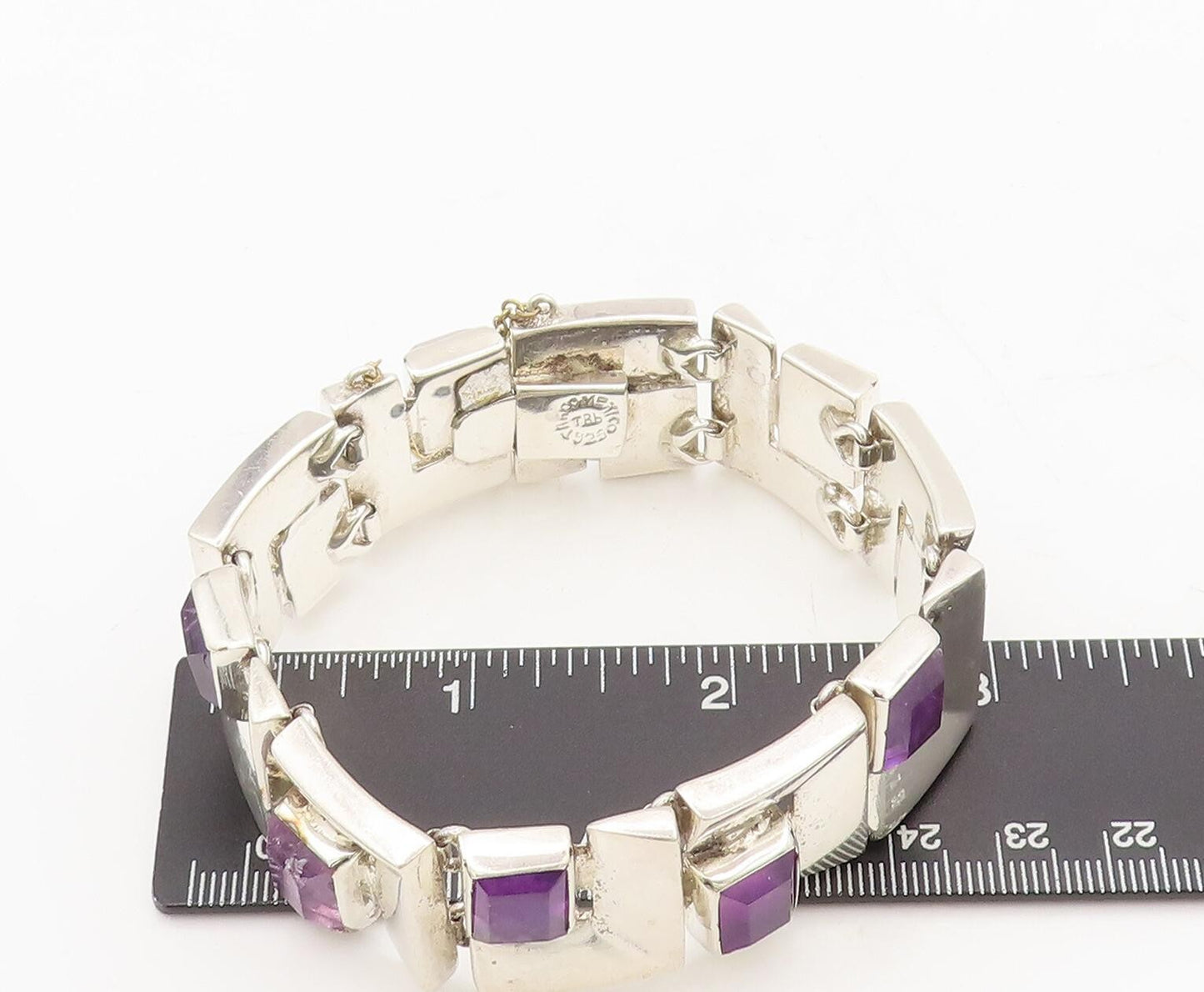 925 Sterling Silver Vintage Bracelet MEXICO Brutalist Carved Amethyst  BT10229