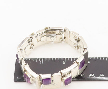 925 Sterling Silver Vintage Bracelet MEXICO Brutalist Carved Amethyst  BT10229