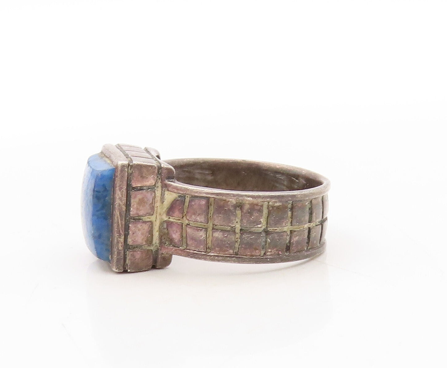 925 Sterling Silver Vintage Ring Dark Tone Square Gemstone Inlay  Sz 7  RG31084