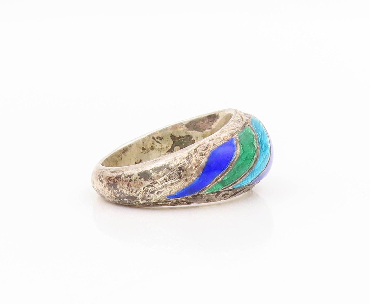 925 Sterling Silver Vintage Ring Modernist Enameled Dome Band  Sz 6.5  RG34356