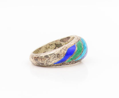 925 Sterling Silver Vintage Ring Modernist Enameled Dome Band  Sz 6.5  RG34356