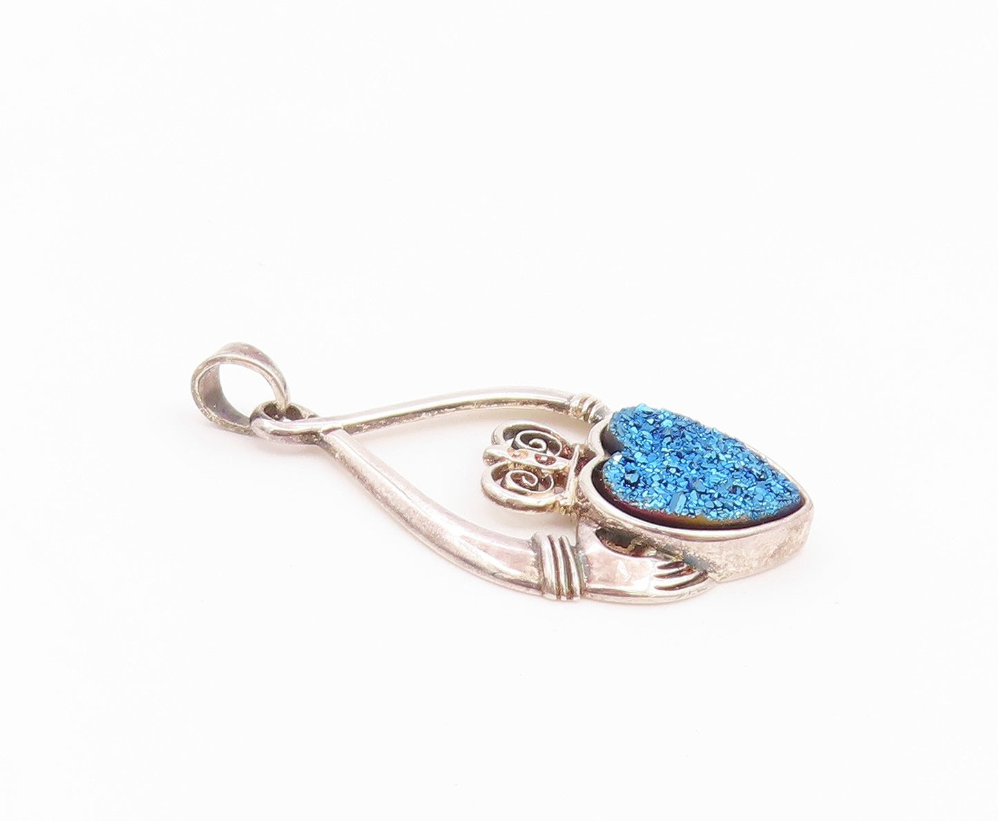 925 Sterling Silver Vintage Pendant IRELAND Drusy Quartz Claddagh Heart  PT26473