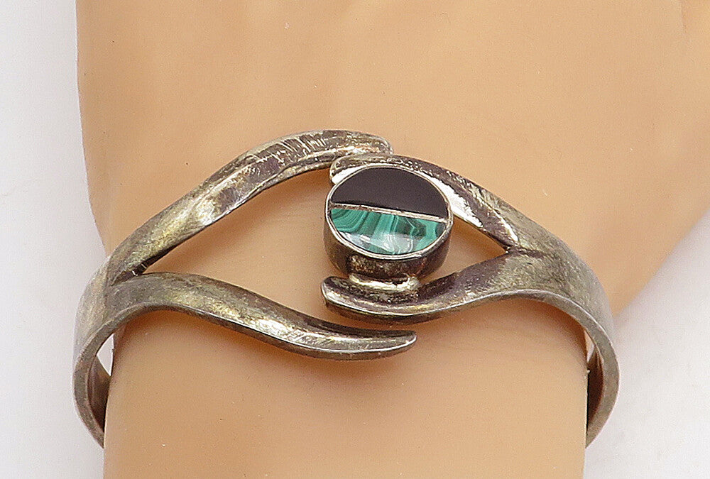 MEXICO 925 Silver  Vintage Black Onyx & Malachite Bangle Bracelet  BT1692