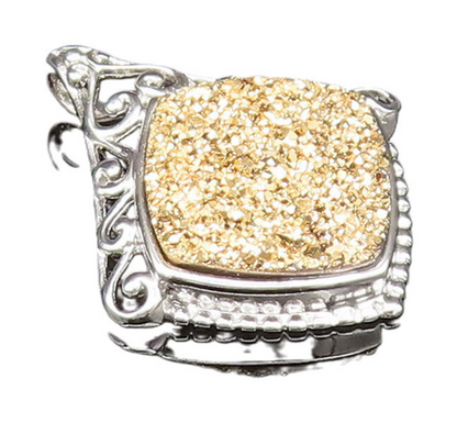 925 Sterling Silver  Vintage Open Scroll Edge Drusy Quartz Pendant  PT20994