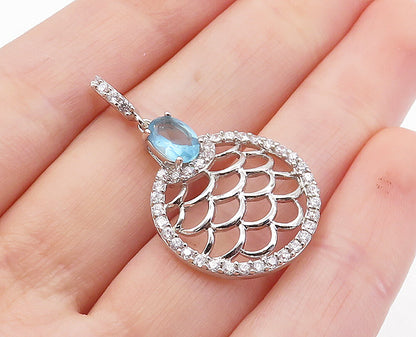 925 Sterling Silver  Blue & White Topaz Shiny Open Design Drop Pendant  PT5220