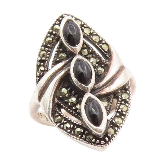 925 Sterling Silver Vintage Ring Onyx & Marcasite Statement Band  Sz 6  RG34595