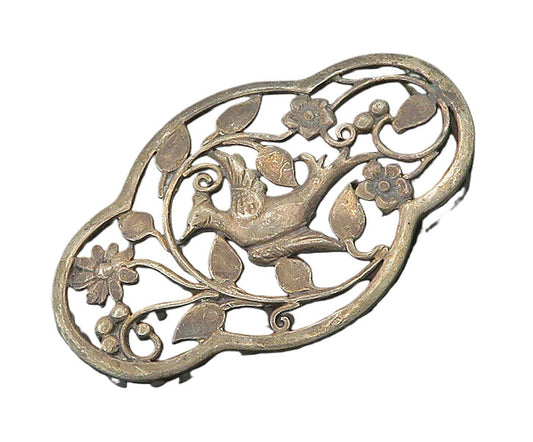 925 Sterling Silver  Vintage Dark Tone Floral Bird Scene Pendant  PT14244