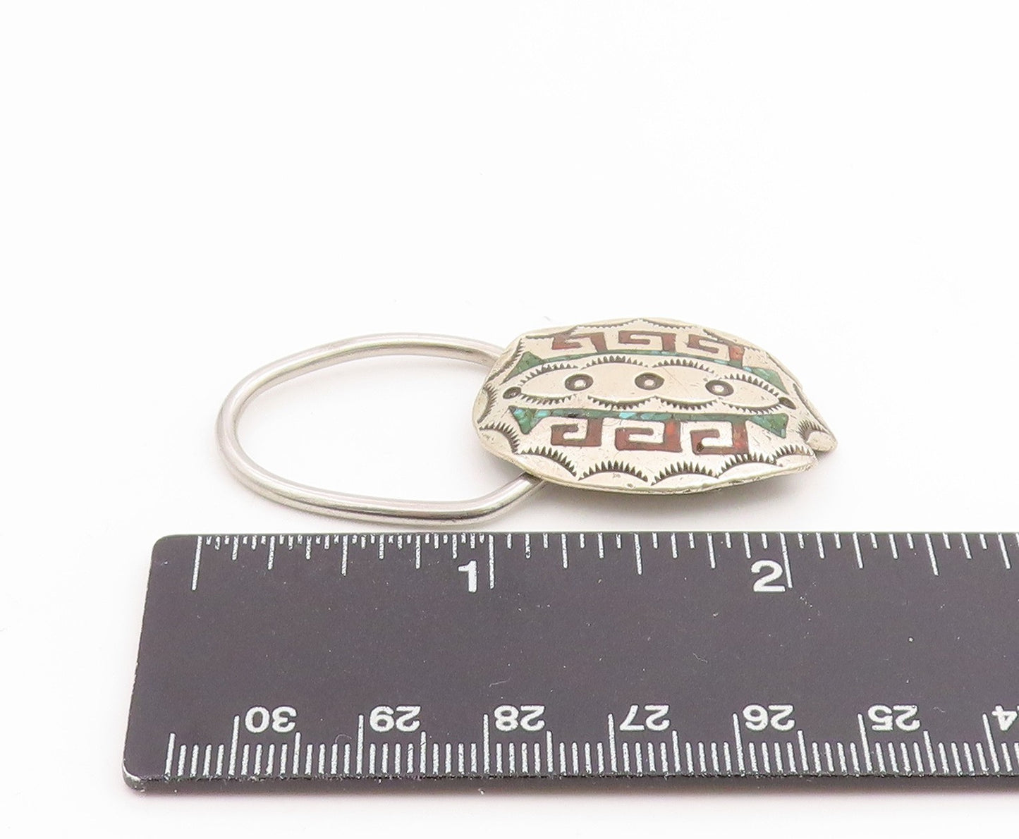925 Sterling Silver Vintage Key Chain NAVAJO RAY BENNETT Gemstone Inlay  TR4234