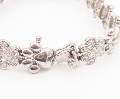 925 Sterling Silver Vintage Bracelet Topaz Paw Print & Heart Tennis Link BT12183