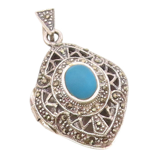 925 Sterling Silver   Vintage Turquoise & Marcasite Pendant (OPENS)  PT20572