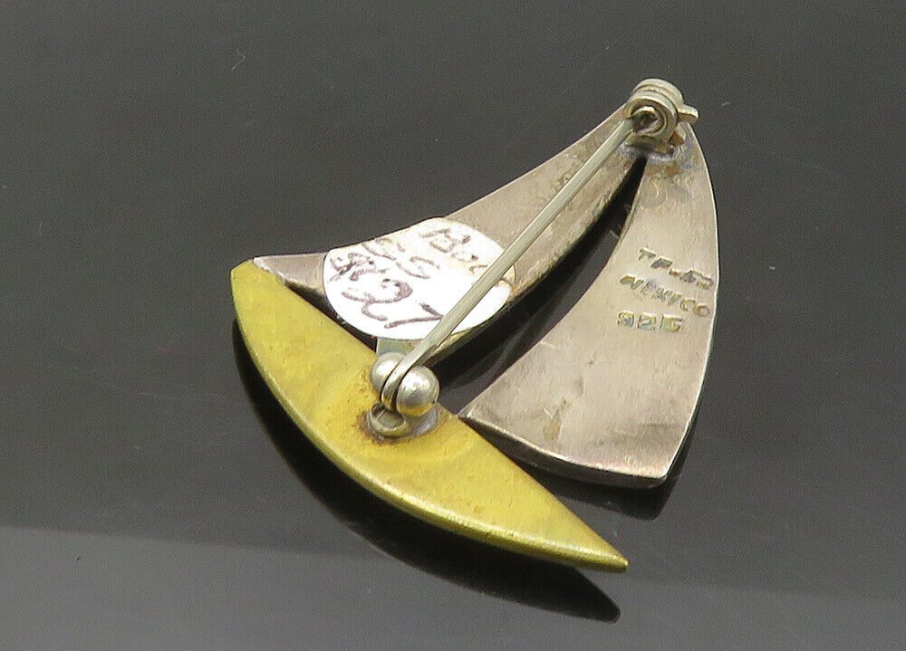 MEXICO 925 Sterling Silver  Vintage Shiny 2 Tone Sail Boat Brooch Pin  BP8696