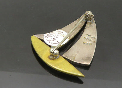 MEXICO 925 Sterling Silver  Vintage Shiny 2 Tone Sail Boat Brooch Pin  BP8696