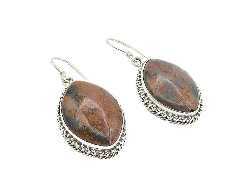 925 Sterling Silver  Vintage Jasper Pointed Oval Shiny Dangle Earrings  EG3645
