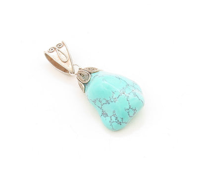 925 Sterling Silver Vintage Pendant Modernist Amorphas Shape Turquoise  PT23854