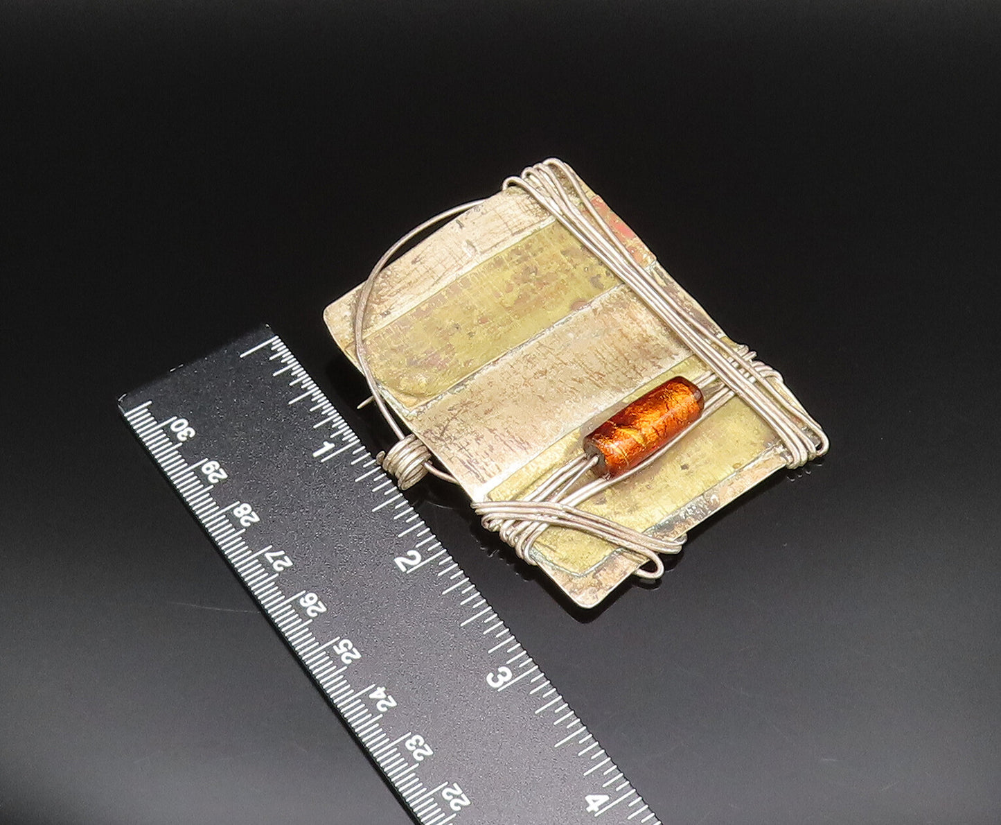 925 Sterling Silver  Vintage Wire Wrapped Modernist Amber Brooch Pin  BP9784