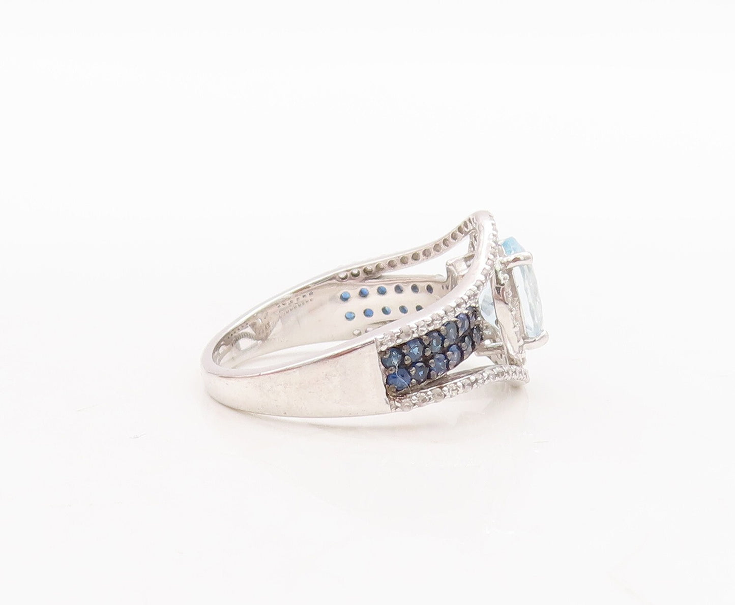 925 Sterling Silver Vintage Ring Cutout Blue White Topaz Sapphire Sz 7.5 RG29666
