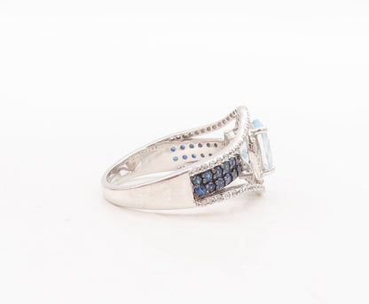 925 Sterling Silver Vintage Ring Cutout Blue White Topaz Sapphire Sz 7.5 RG29666