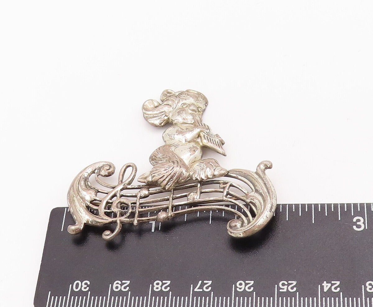 925 Sterling Silver Vintage Brooch Pin LANG Child Playing Musical Notes  BP10848