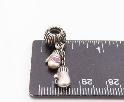 925 Silver  Vintage Enamel Love Heart Pair Of Mittens Charm Pendant  PT21740