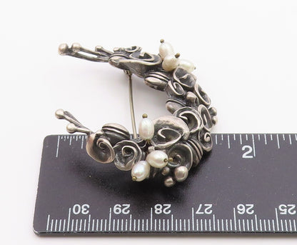 925 Sterling Silver  Vintage Petite Pearls Modernist Floral Brooch Pin  BP9111