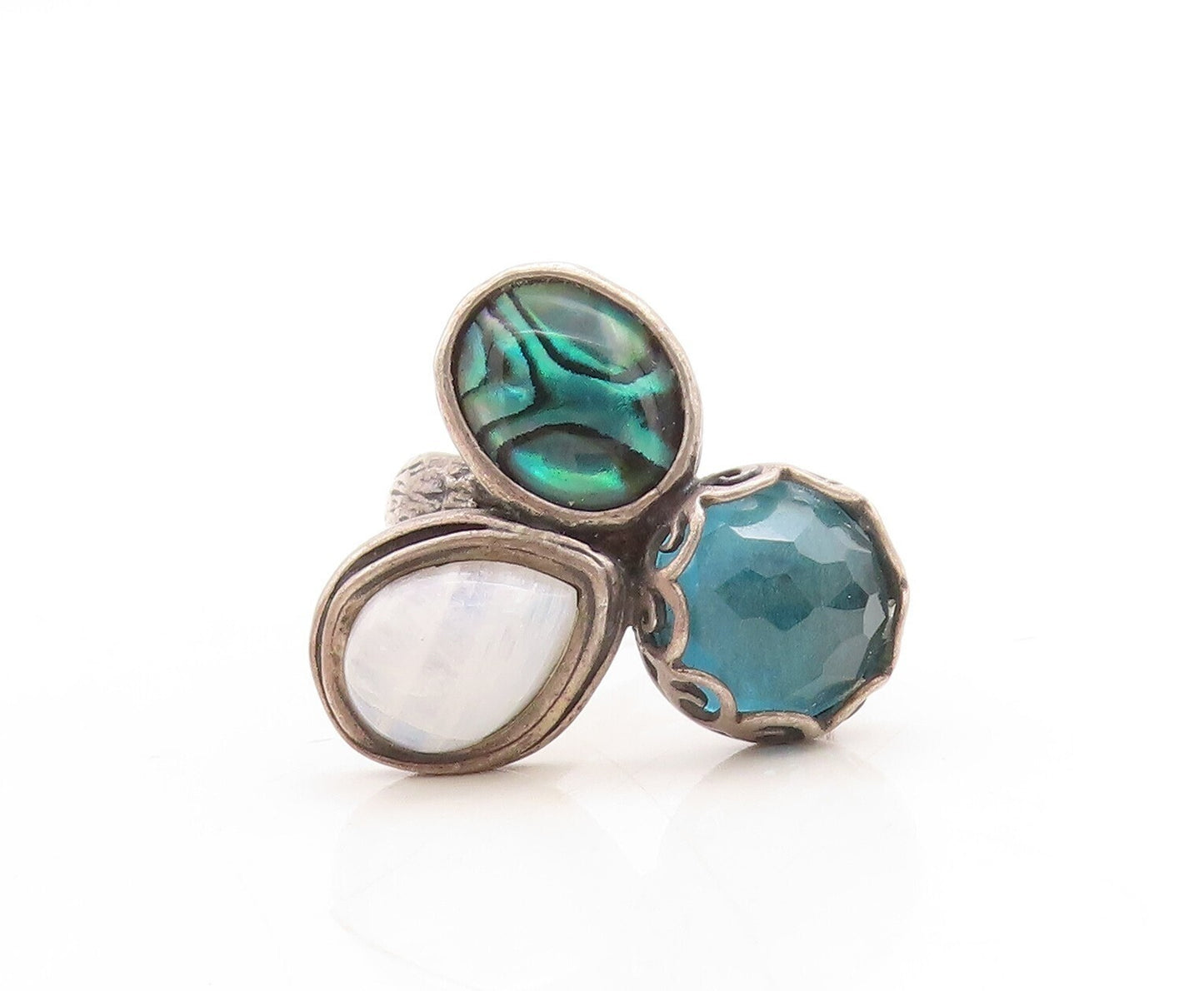 925 Sterling Silver Vintage Ring OR PAZ ISRAEL Moonstone Abalone Sz 7.5  RG31517