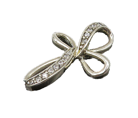925 Sterling Silver  Vintage Topaz Religious Cross Ribbon Pendant  PT17541