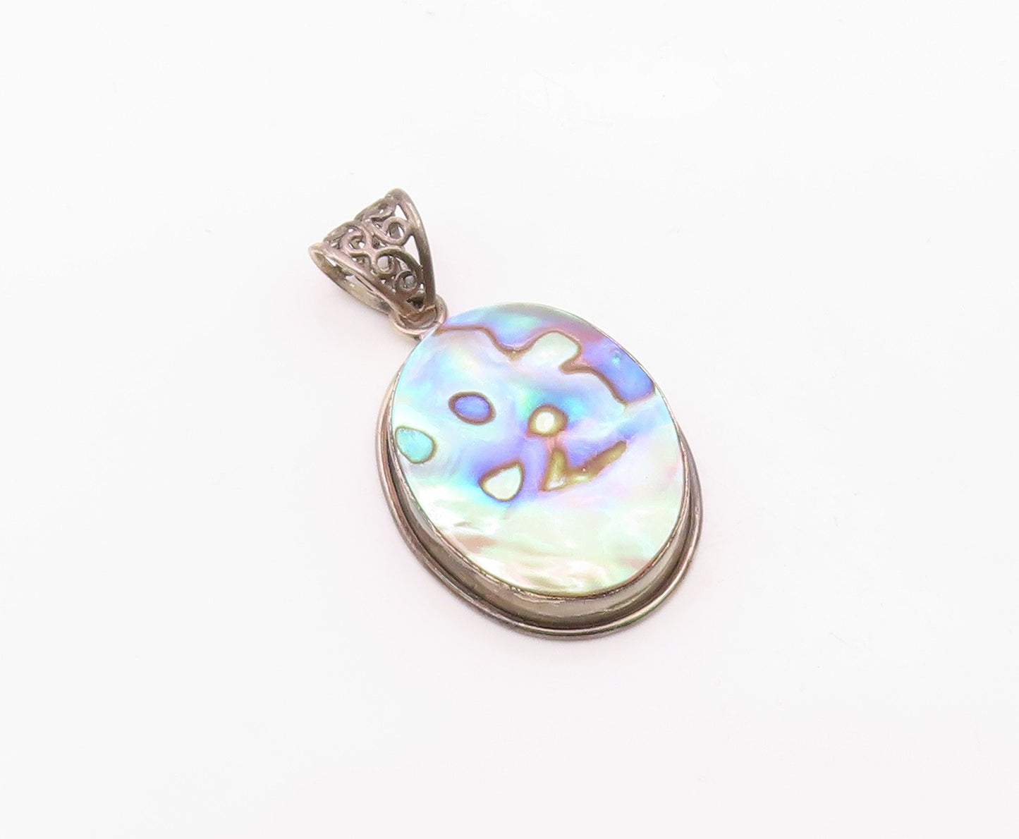 925 Sterling Silver  Vintage Abalone Shell Oval Swirl Bail Pendant  PT9169