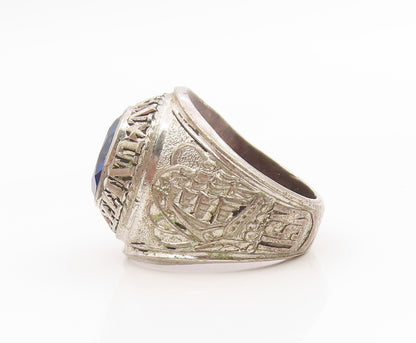 925 Sterling Silver Vintage Ring Blue CZ US Navy Veteran Eagle  Sz 9  RG34617