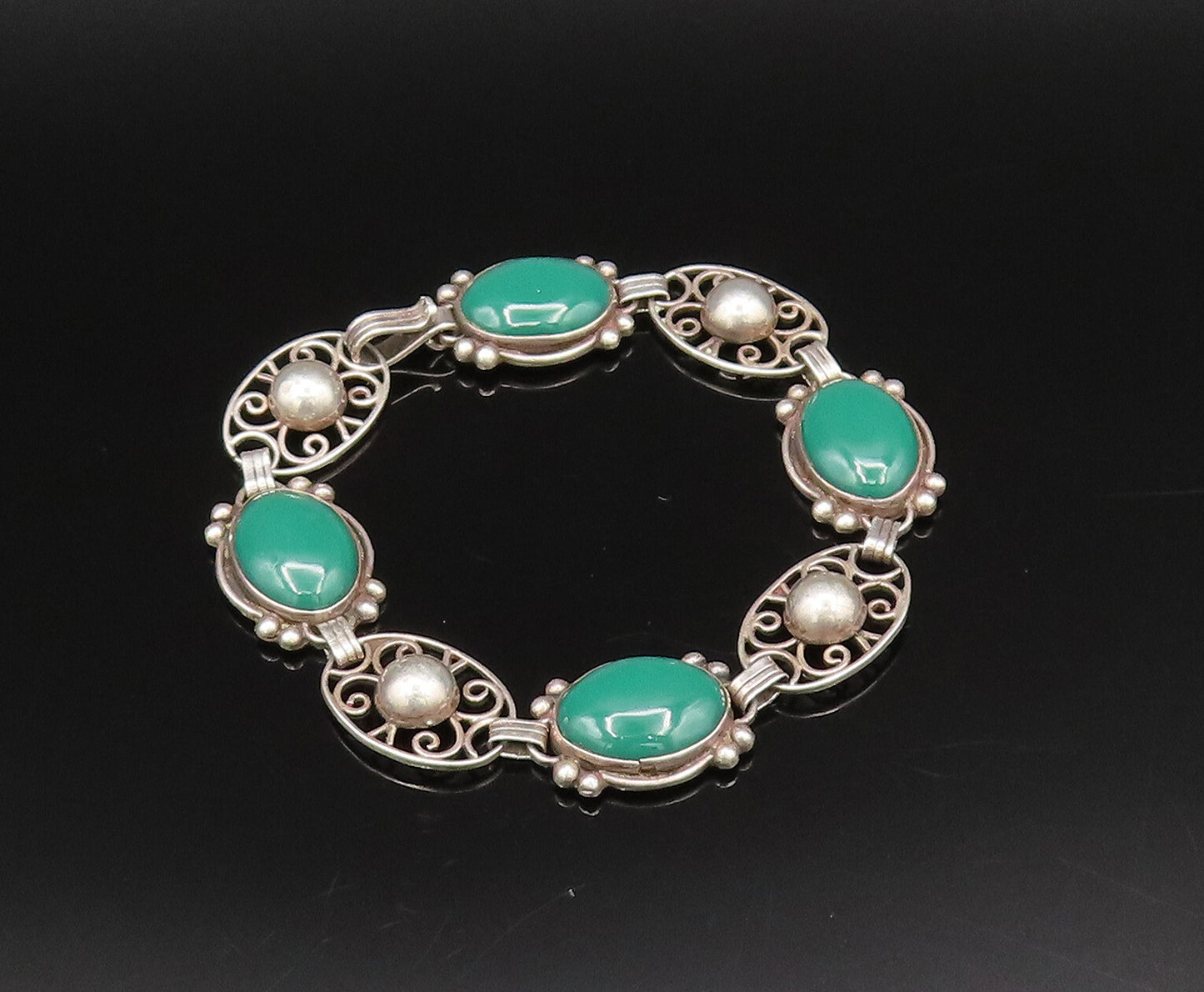 MORALES MEDRANO 925 Silver  Vintage Green Onyx & Bead Ball Bracelet  BT9678