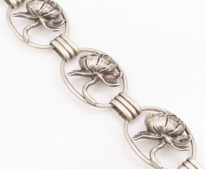 925 Sterling Silver Vintage Bracelet Carved Lotus Botanical Floral Link  BT11669