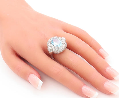 925 Sterling Silver Vintage Ring Oval Cut Blue Topaz Halo CZ  Sz 7  RG29355