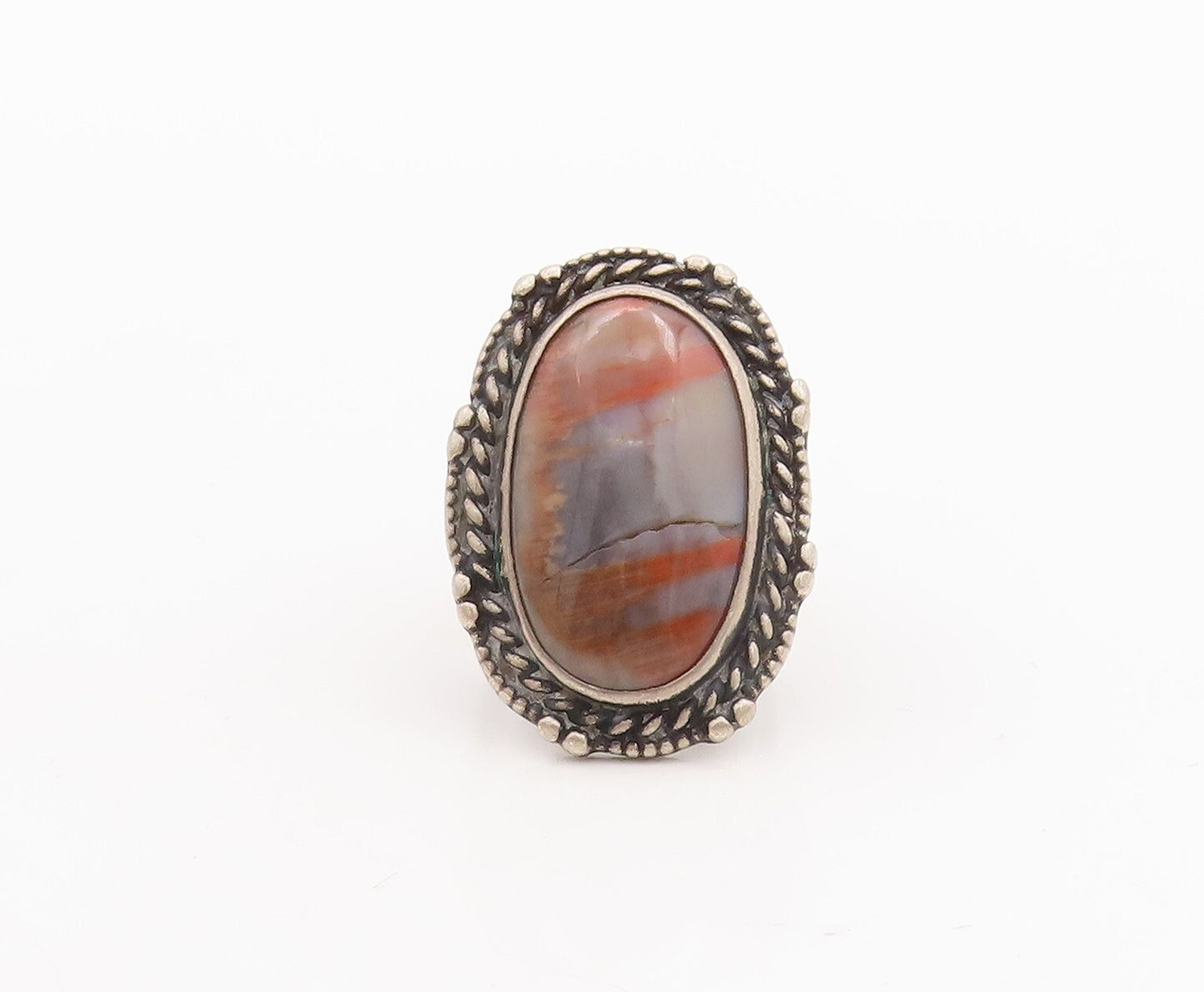 925 Sterling Silver Vintage Ring NAVAJO Floral Carved Border Gem  Sz 6  RG28738