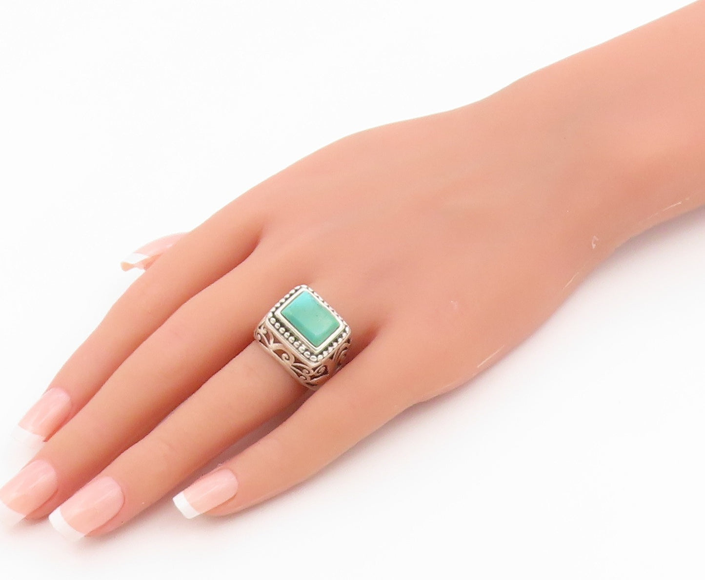925 Sterling Silver Vintage Ring Turquoise Open Scrollwork Band  Sz 8  RG36633