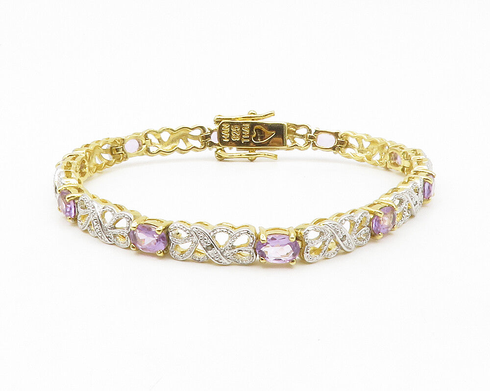 925 Sterling Silver  Genuine Diamonds & Amethyst Swirl Chain Bracelet  BT5246