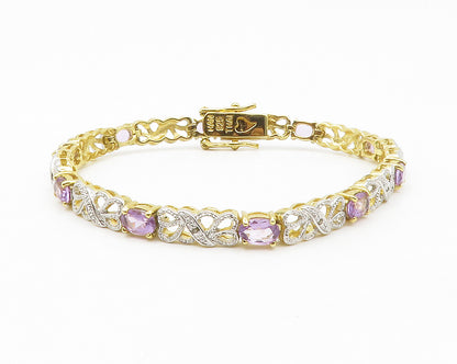 925 Sterling Silver  Genuine Diamonds & Amethyst Swirl Chain Bracelet  BT5246