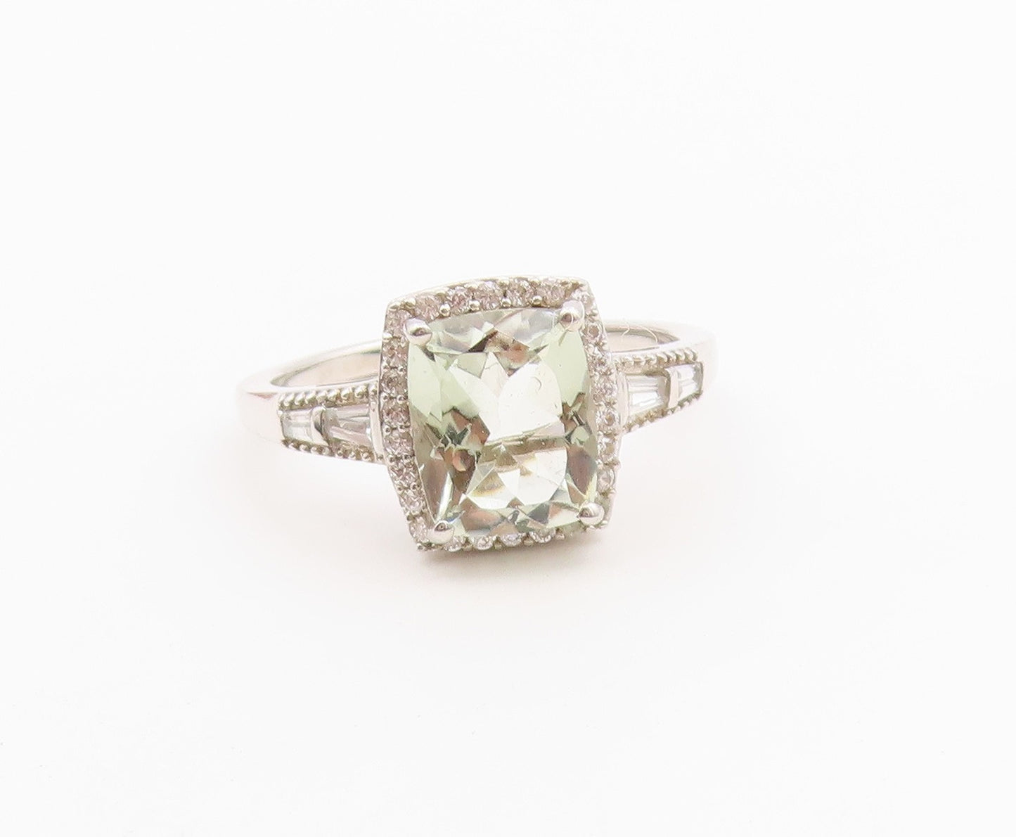 925 Sterling Silver Vintage Ring Green Amethyst Halo Topaz Band  Sz 11  RG36523