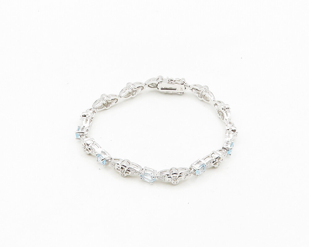 925 Sterling Silver  Genuine Diamond & Blue Topaz Floral Chain Bracelet BT7253