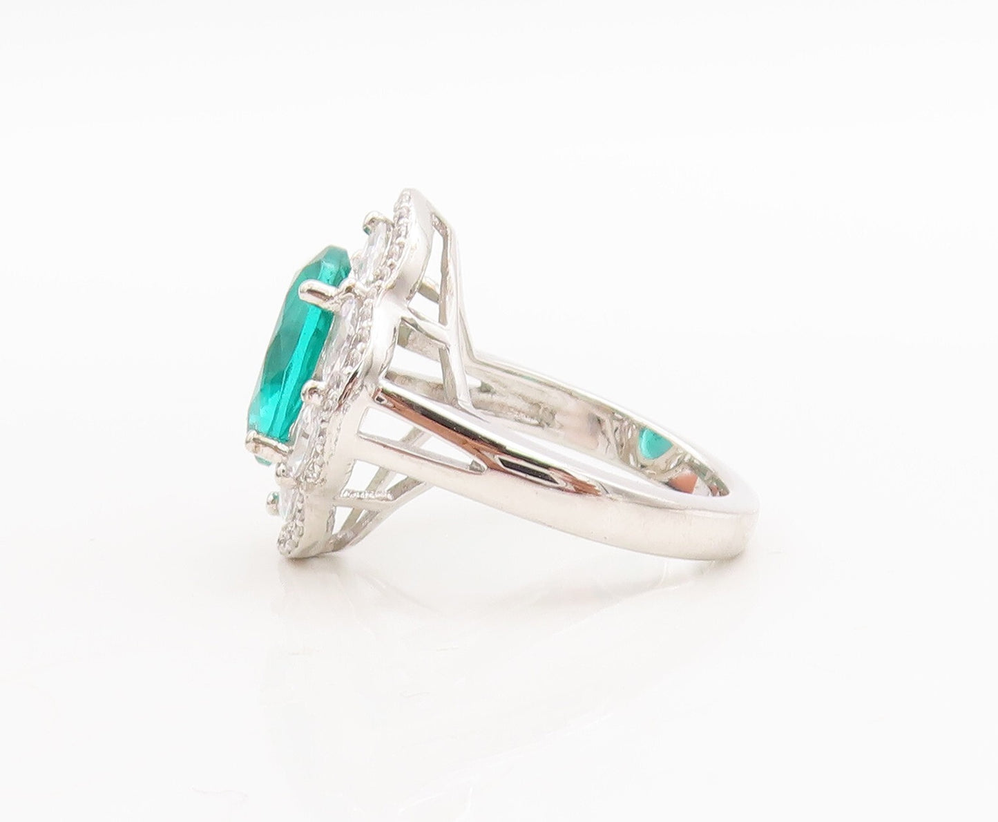 925 Sterling Silver Vintage Ring Floral Carved Aquamarine & CZ  Sz 7.5  RG29287
