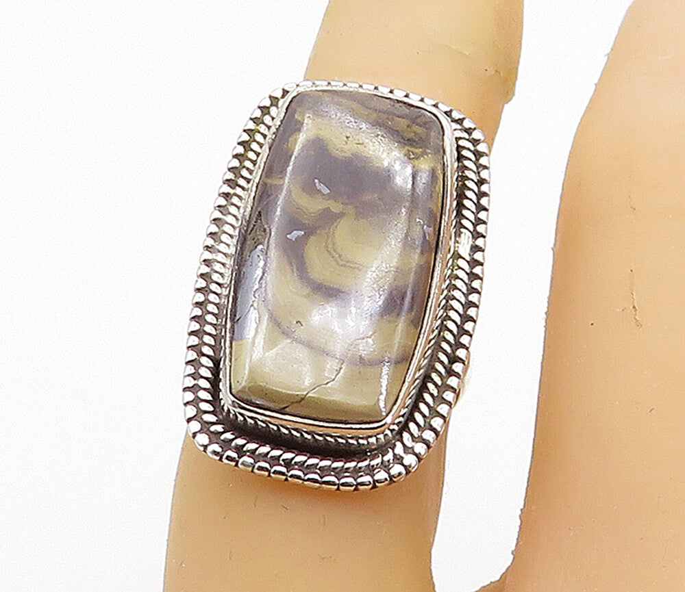 925 Sterling Silver  Brown Jasper Shiny Border Cocktail Ring Sz 6  RG7810