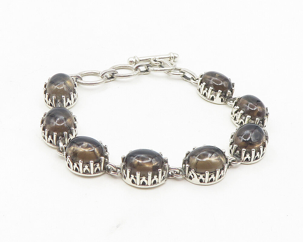 925 Sterling Silver  Vintage Cabochon Cut Smoky Topaz Chain Bracelet  BT4609
