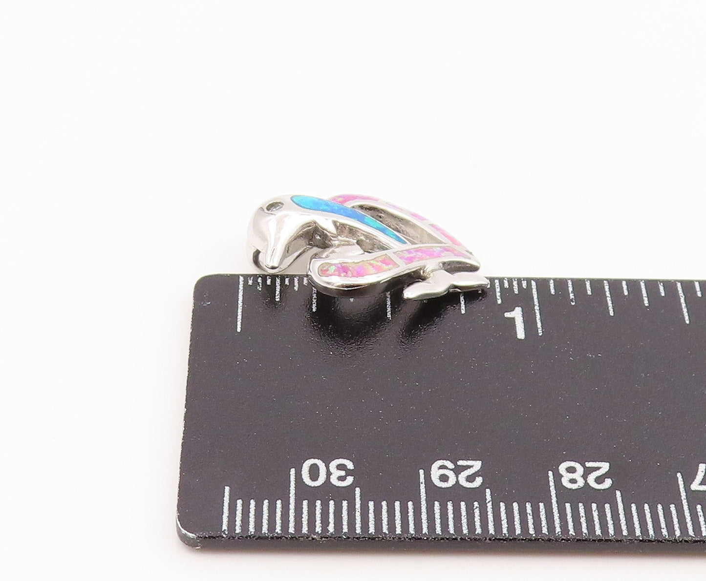 925 Sterling Silver Vintage Pendant Fire Opal Inlay Dolphin & Love Heart PT25977
