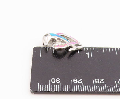 925 Sterling Silver Vintage Pendant Fire Opal Inlay Dolphin & Love Heart PT25977