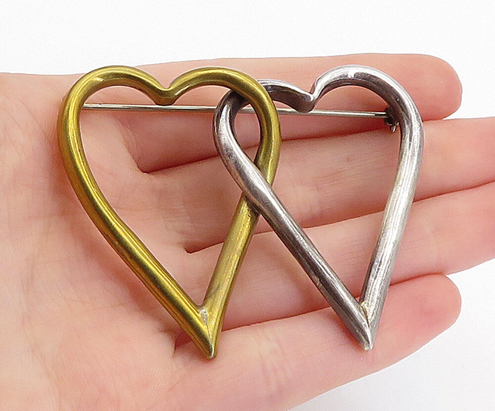 925 Sterling Silver  Vintage Shiny 2 Tone Open Love Hearts Brooch Pin  BP2245