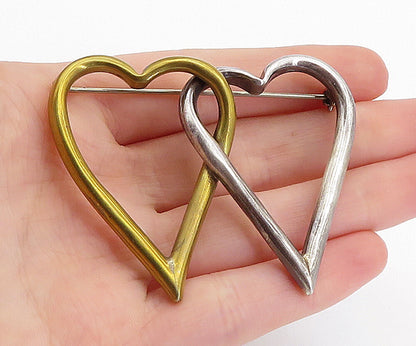 925 Sterling Silver  Vintage Shiny 2 Tone Open Love Hearts Brooch Pin  BP2245