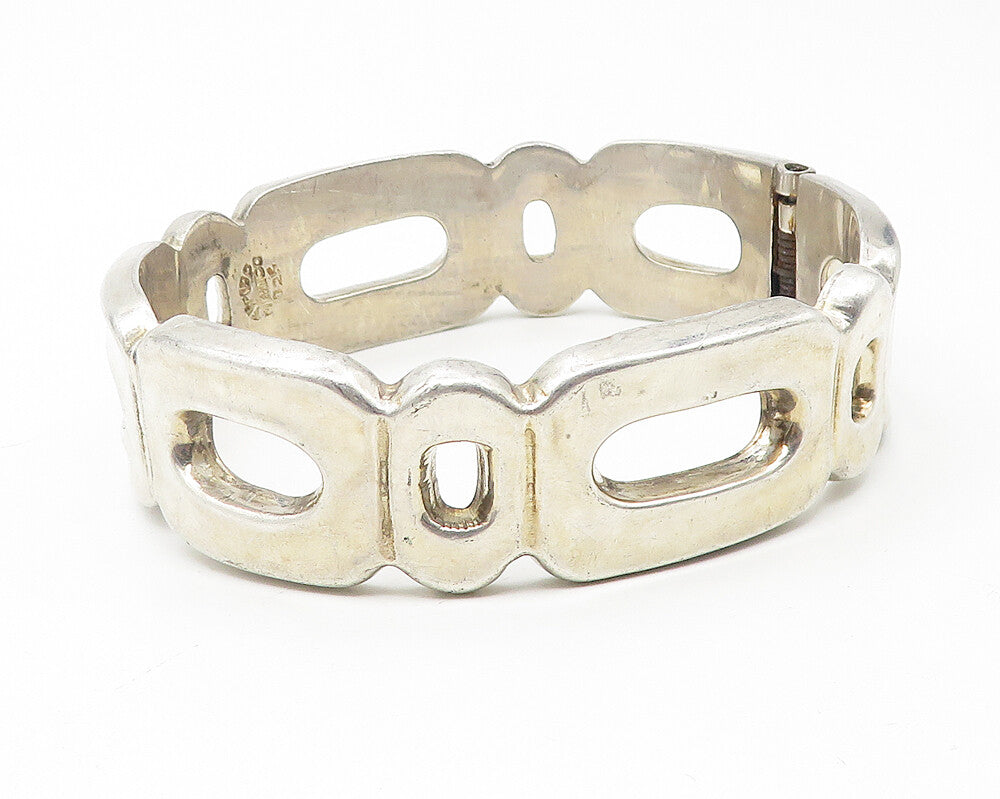 MEXICO 925 Sterling Silver  Vintage Solid Cutout Hinge Bangle Bracelet BT4558