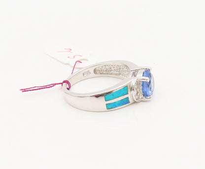 925 Silver  Vintage Inlay Fire Opal Oval Blue 7 White CZ Ring Sz 6  RG26928