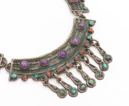 925 Sterling Silver Vintage Necklace MEXICO Real Gemstones Large Royal  NE4350