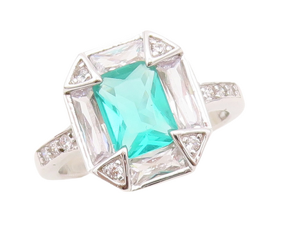925 Sterling Silver Vintage Ring Rectangle Sea Green & White CZ  Sz 7 RG30448