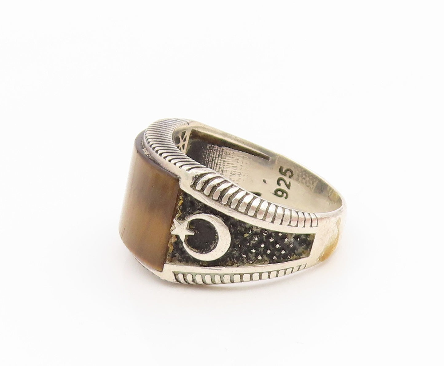 925 Sterling Silver Vintage Ring Tiger's Eye Carved Moon & Star  Sz 11  RG34544